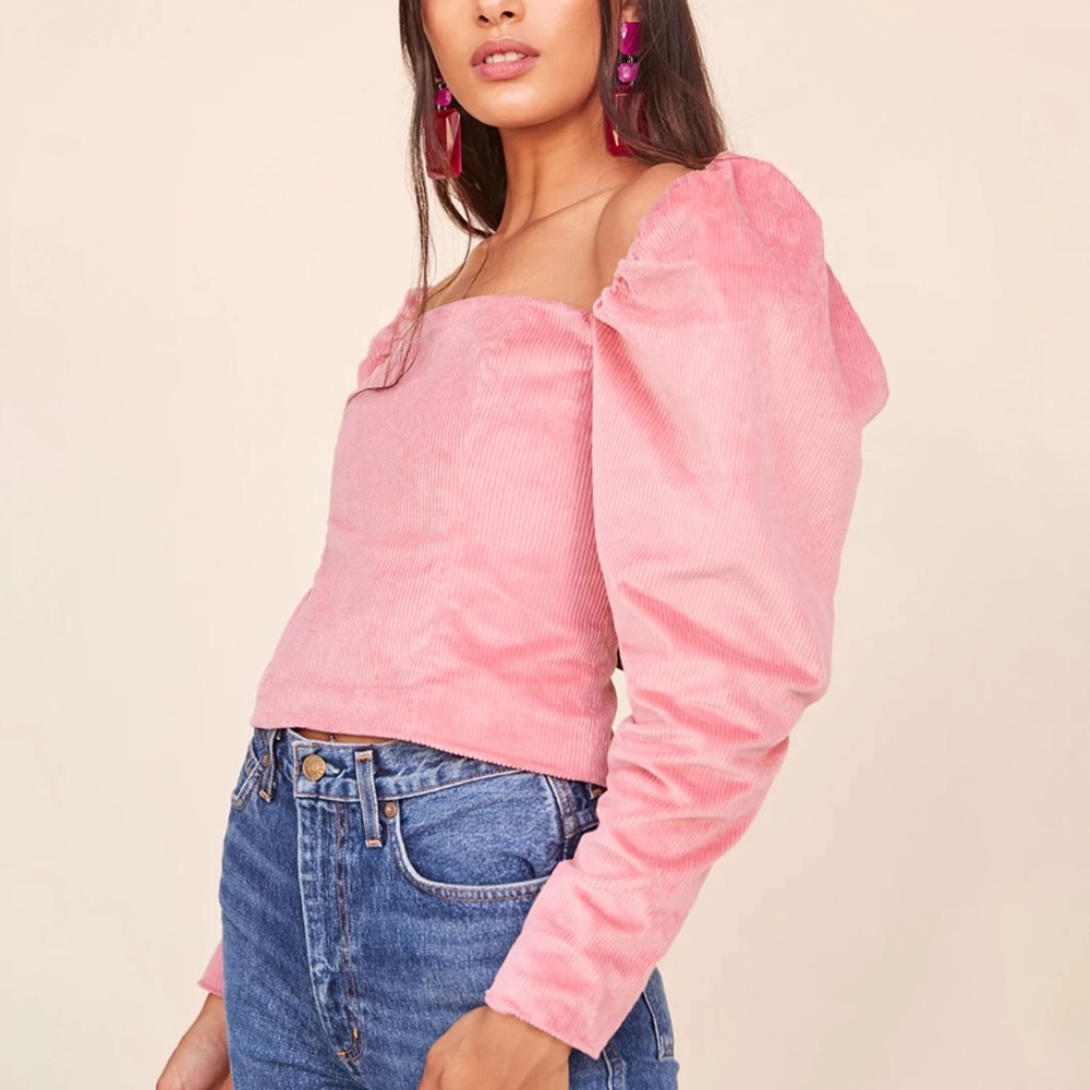 LPA pink Corduroy Zip Up Bustier long puffy puff sleeve square neck top - Picture 2 of 15